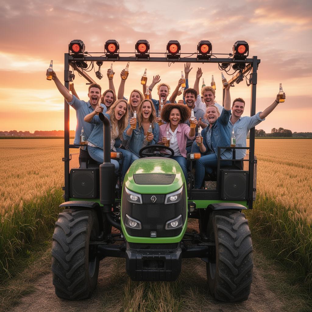 Vrolijk gezelschap dat juicht met koude biertjes op een tractor-huifkar