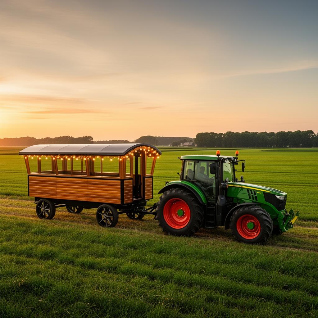 Moderne huifkar met sfeerverlichting, getrokken door een tractor door het Brabantse land